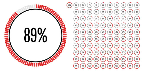 Set of circle percentage diagrams from 0 to 100 ready-to-use for web design, user interface (UI) or infographic - indicator with red
