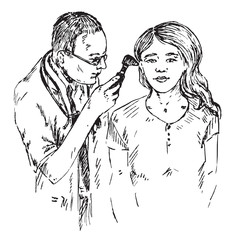 The otolaryngologist examines the girl`s ear, hand drawn doodle, sketch in pop art style, black and white vector illustration