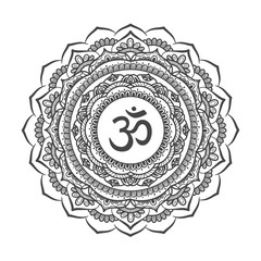 Om symbol with hand drawn mandala. Oriental decorative ornament  can be used for greeting card, wedding invitation, yoga poster, coloring book.