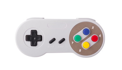 Gray retro joystick on a white background. Video game console GamePad on a white background. Isolated on white