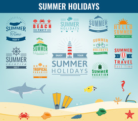 Summer labels, logos, tags and elements set for summer holiday, travel, beach party, vacation. Vector