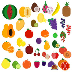 Fresh juicy exotic sweet fruits elements collection, flat icons set, Colorful symbols pack contains - orange, kiwi fruit, banana,watermelon, papaya juice. Vector illustration. Flat style design
