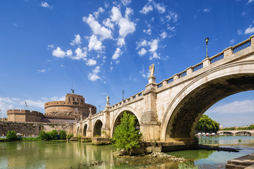 The Mausoleum of Hadrian, usually known as Castel Sant'Angelo (Castle of the Holy Angel) and Sant' Angelo Bridge. Rome. Italy.