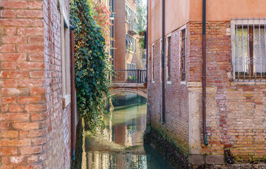 Fototapeta na wymiar Narrow Venetian canal with typical Venice buildings and a bridge at the morning.