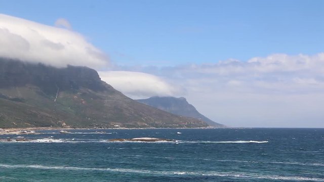 View of the coastline and famous Table Mountain in Cape Town, South Africa