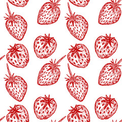 red strawberry seamless pattern.hand drawn ink illustration.isolated on white
