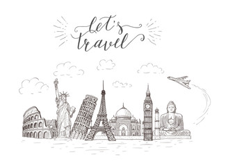 World travel and sights. Tourism banner with hand-lettering quote.