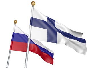 Finland and Russia flags flying together for important diplomatic talks, 3D rendering