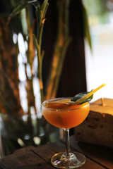 orange and thai herbs cocktail on wood background