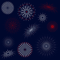 Fireworks isolated vector set on dark blue background