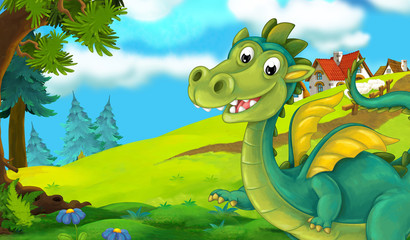 Cartoon background of a dragon near the village - illustration for the children