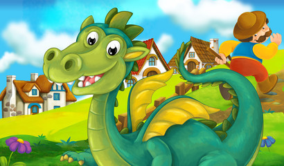 Cartoon background of a dragon near the village and man looking on him - illustration for the children