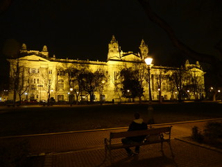 Man sitting in front of Budapest Parliament - 166315659