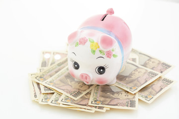 豚の貯金箱と紙幣