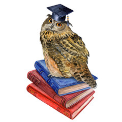 Owl. Filin and books. Graduate hat. Education. Illustration. Watercolor