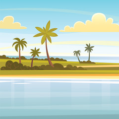 Obraz premium Summer tropical background with palms, sky and sunset. beach landscape