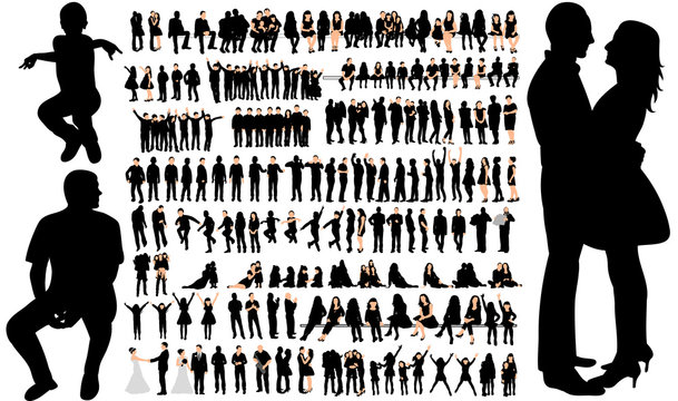 silhouette of people, male female children, set