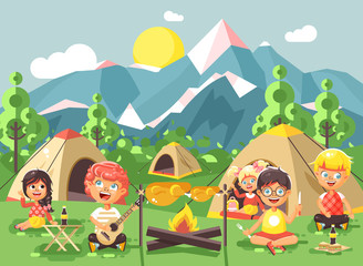 Obraz na płótnie Canvas Vector illustration cartoon characters children boy sings playing guitar with girl scouts, camping on nature, hike tents and backpacks, adventure park outdoor background of mountains flat style