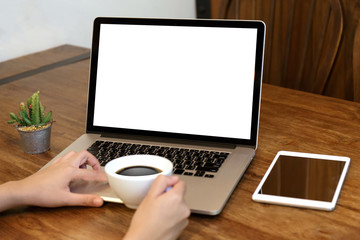 Fototapeta premium young man working Businessman using a desktop computer of the blank screen