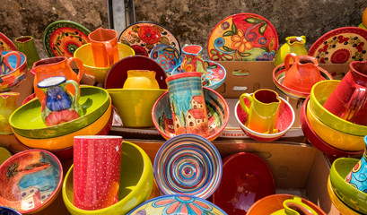 Provence traditional colored pottery sold at local market in Provence region. France