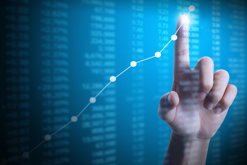 businessman with financial chart symbols coming from hand