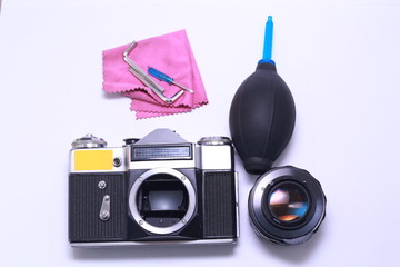 Tools for repairing camera, remove dust. camera cleaning services conceptual image