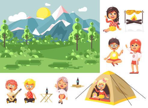 Vector illustration isolated cartoon characters children boy sings playing guitar, girl scouts siting in tent waving hand nature park outdoor bonfire, fried chicken, white background flat style