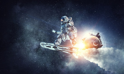 Obraz na płótnie Canvas Spaceman on flying board. Mixed media