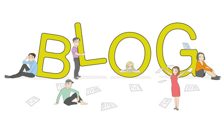 A team of young people works near the big word BLOG. The concept of communication and discussion of various topics. vector illustration.