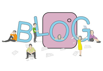 A team of young people works near the big word BLOG. The concept of communication and discussion of various topics. vector illustration.
