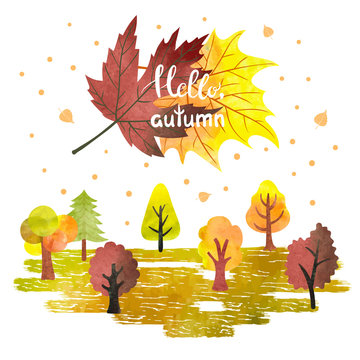 Watercolor autumn forest poster, banner. Colorful trees and leaves. Hello autumn lettering. Vector illustration.