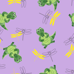 Seamless pattern with cartoon crocodiles and dragonflies. Vector background for kids.