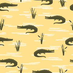 Seamless crocodiles pattern. Vector yellow background with cattails and alligators.