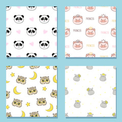 Set of seamless patterns with cute animals. Vector backgrounds for kids design.