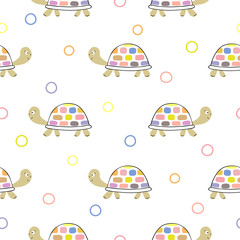 Seamless pattern with cute cartoon tortoise. Vector colorful background with turtles for kids.
