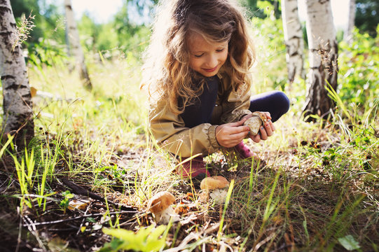 happy child girl picking wild mushrooms on the walk in summer or autumn forest