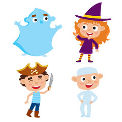 Vector set of cute cartoon children in colorful halloween costumes: witch, pirate, mummy, ghost isolated on white 