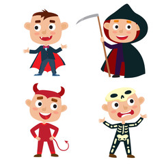 Vector set of cute cartoon children in colorful halloween costumes: devil, vampire, skeleton, death isolated on white 