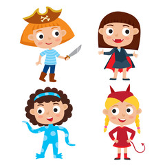 Vector set of cute cartoon children in colorful halloween costumes: pirate, devil, alien, vampire isolated on white 