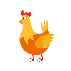 Cartoon chicken isolated on white. Cartoon character design of chicken used for books, stickers, posters, web pages. Merry Christmas, happy New Year, xmas holiday memory card. Chinese year symbol.