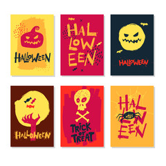 Halloween hand drawn. Greeting card with handwritten calligraphy. Vector set of six cartoon posters.