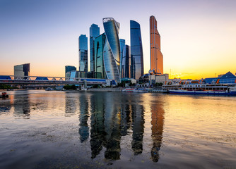 Skyscrapers of Moscow City business center and Moscow river in Moscow at sunset, Russia