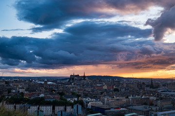 Edinburgh's skyline with dramatic clouds at sunset. Scotland, UK, Europe