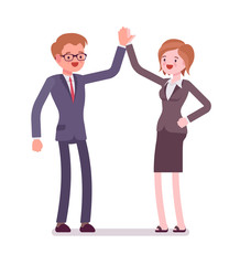 Fototapeta premium Business male and female partners giving high five