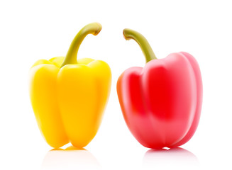 Two Vector Colored Yellow and Red Sweet Bulgarian Bell Peppers, Paprika Isolated on White Background