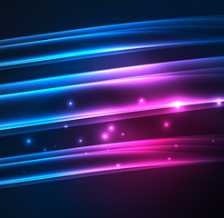Energy lines, glowing waves in the dark, vector abstract background