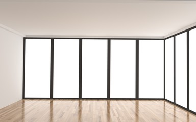interior white empty room with windows in wood floor in 3D rendering