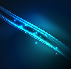 Energy lines, glowing waves in the dark, vector abstract background