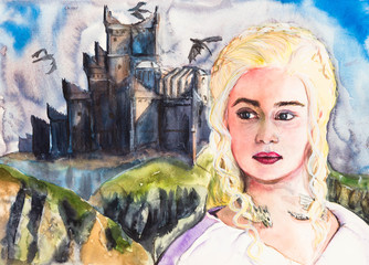Illustration castle on the rocks, Young woman - blonde on the castle background, watercolor drawing, watercolor painting.
