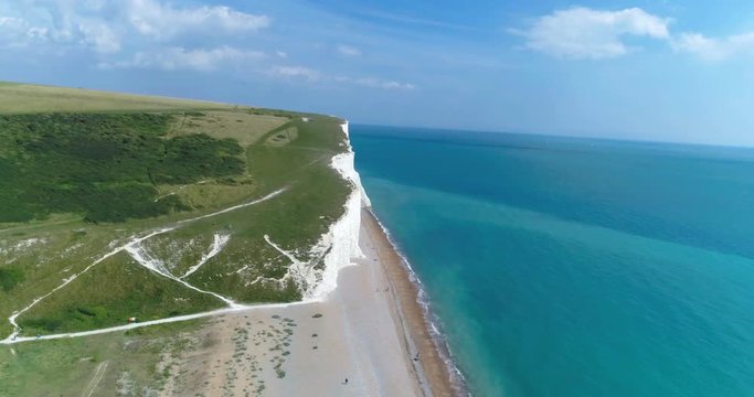 Aerial view of a famous cliff area by the sea in Southern England called Seven Sisters